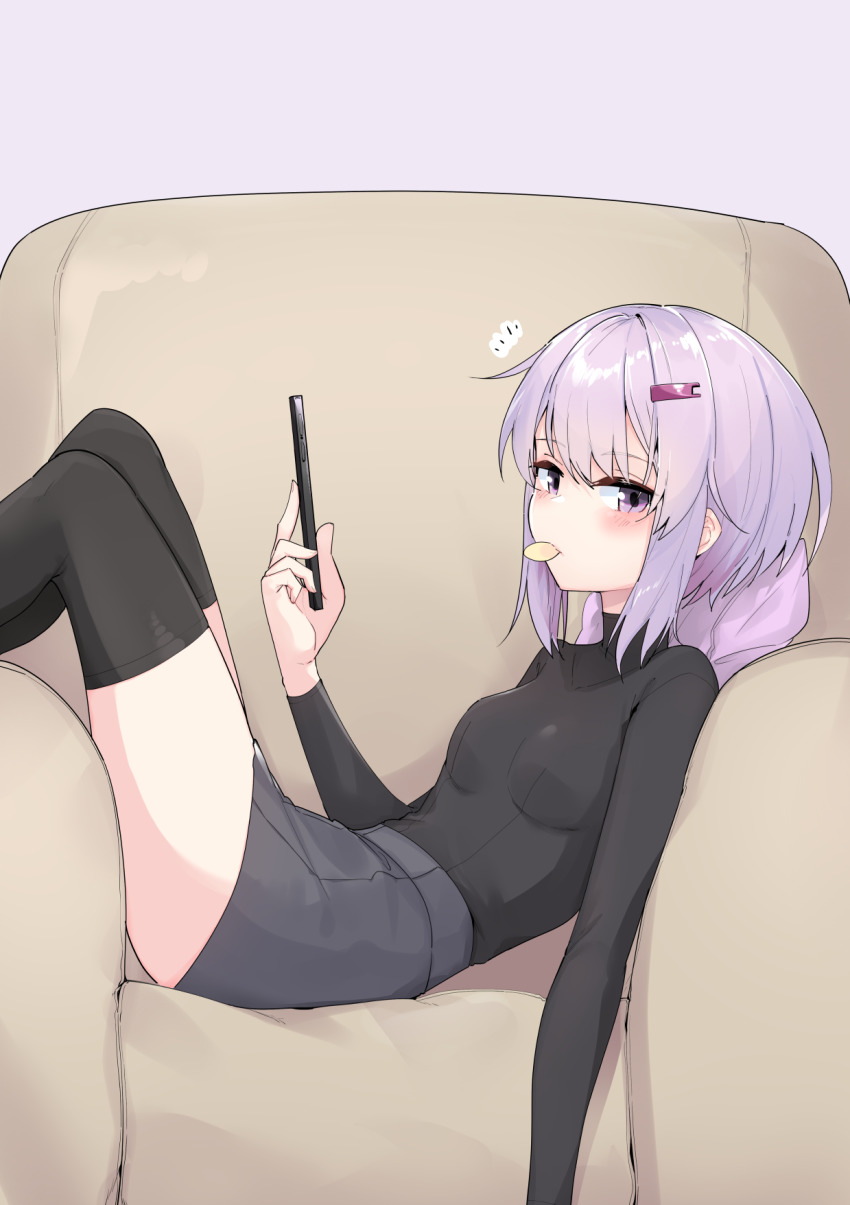 1girl, armchair, black_shirt, black_thighhighs, breasts, cellphone, chair, commentary_request