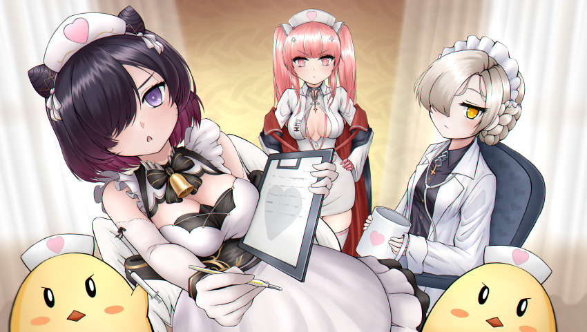 3girls, absurdres, alternate_costume, alternate_hairstyle, axelsworks, azur_lane, black_hair, breasts