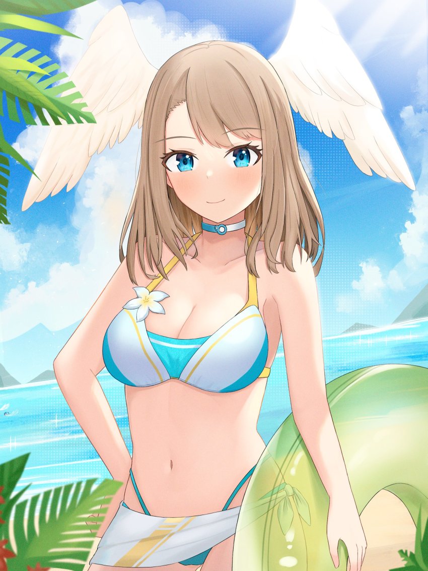 1girl, absurdres, beach, bikini, blue_eyes, blue_sky, blush, breasts, cloud, donut_innertube, eunie_(xenoblade), head_wings, highres, innertube, keaworks, large_breasts, leaf, see-through_clothes, sky, solo, swimsuit, white_wings, wings, xenoblade_chronicles_(series), xenoblade_chronicles_3