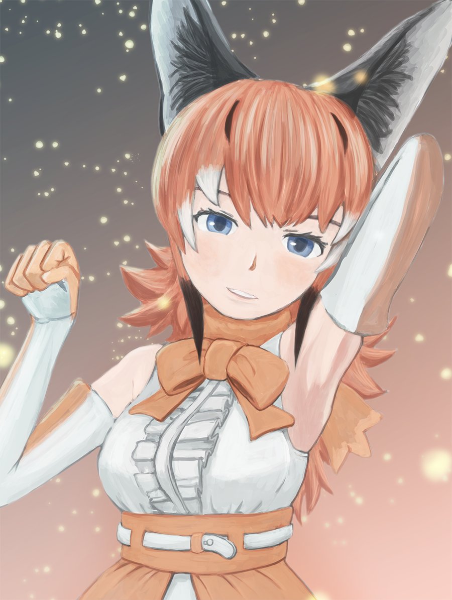 animal_costume, animal_ears, bow, bowtie, caracal_(kemono_friends), kemono_friends, kemono_friends_v_project, microphone, nishnish5319, skirt, virtual_youtuber