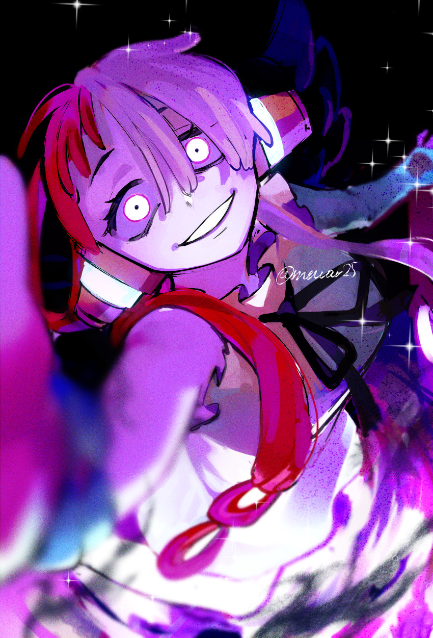 1girl, absurdres, angel_wings, black_wings, breasts, corruption, crazy_eyes, dress, fingernails, glowing, glowing_eyes, gradient_background, grin, headphones, highres, long_hair, looking_at_viewer, mowar25, multicolored_hair, one_piece, one_piece_film:_red, red_hair, shiny_skin, smile, two-tone_hair, uta_(one_piece), very_long_hair, white_dress, wide_hips, wings, yandere
