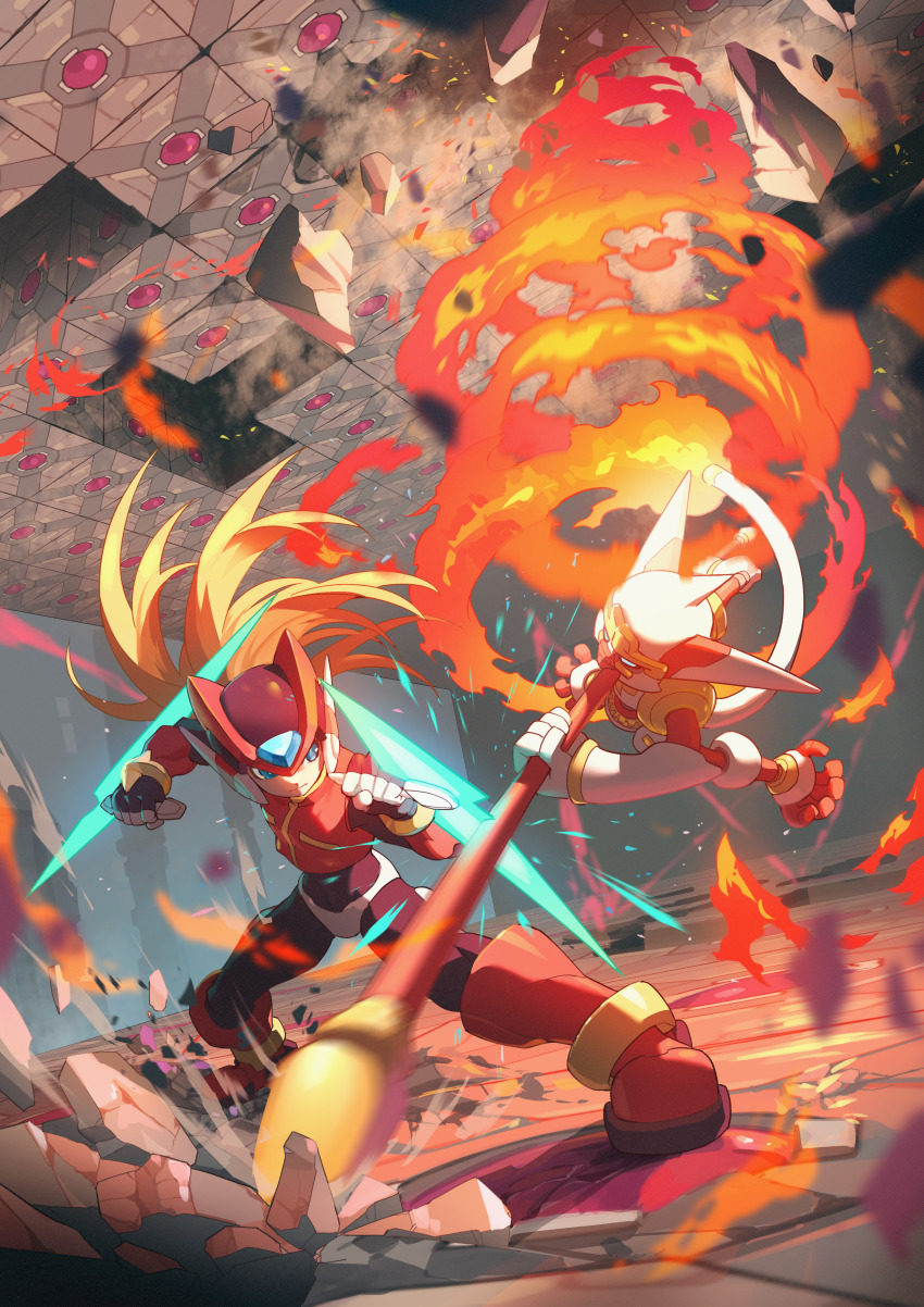 1boy, absurdres, battle, blonde_hair, closed_mouth, destruction, energy_blade, fighting_stance, fire, hanumachine_(mega_man), helmet, highres, holding, holding_staff, holding_weapon, mega_man_(series), mega_man_zero_(series), mega_man_zero_3, monkey, ponytail, robot, rock, staff, standing, tail, tanziya_(codlxcold), weapon, zero(z)_(mega_man), zero_(mega_man)