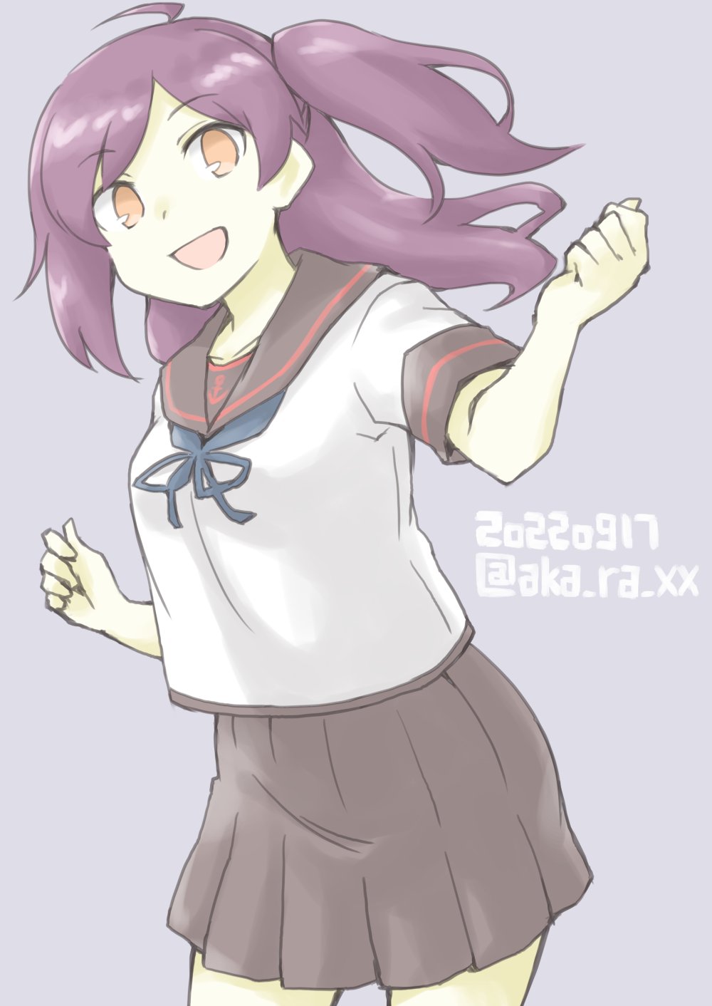 1girl, ahoge, akara_kai, black_sailor_collar, black_skirt, cosplay, cowboy_shot, dated