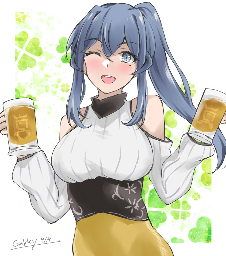 1girl, alcohol, beer, beer_mug, blue_eyes, blue_hair, commentary_request, cowboy_shot