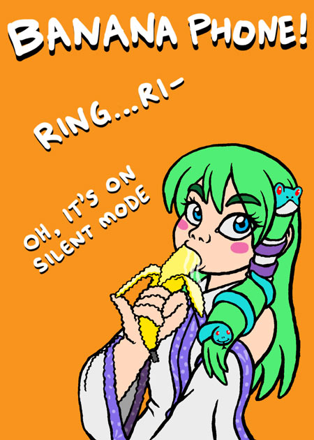 1girl, banana, banana_phone, blue_eyes, blush_stickers, dangerism, detached_sleeves, english_text