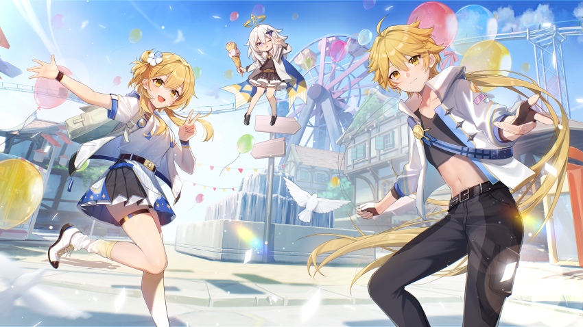1boy, 2girls, :q, absurdres, aether_(2nd_anniversary)_(genshin_impact), aether_(genshin_impact), amusement_park, bag, balloon, belt, bird, black_gloves, black_pants, blood, braid, breasts, cape, crop_top, ferris_wheel, fingerless_gloves, food, genshin_impact, gloves, hair_between_eyes, hand_up, highres, holding, holding_food, ice_cream, jacket, knees_up, legs, long_hair, long_sleeves, lumine_(2nd_anniversary)_(genshin_impact), lumine_(genshin_impact), midriff, multiple_girls, navel, open_mouth, paimon_(2nd_anniversary)_(genshin_impact), paimon_(genshin_impact), pants, shirt, shoes, shoulder_bag, single_braid, skirt, socks, stomach, tongue, tongue_out, v, white_hair, white_shirt, yellow_eyes, yolanda