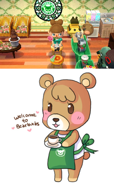 2girls, animal_crossing, apron, barista, brown_hair, cup, english_text, game_screenshot, green_apron, holding, holding_cup, looking_away, maple_(animal_crossing), multiple_girls, nintendo, simple_background, standing, villager_(animal_crossing), white_background