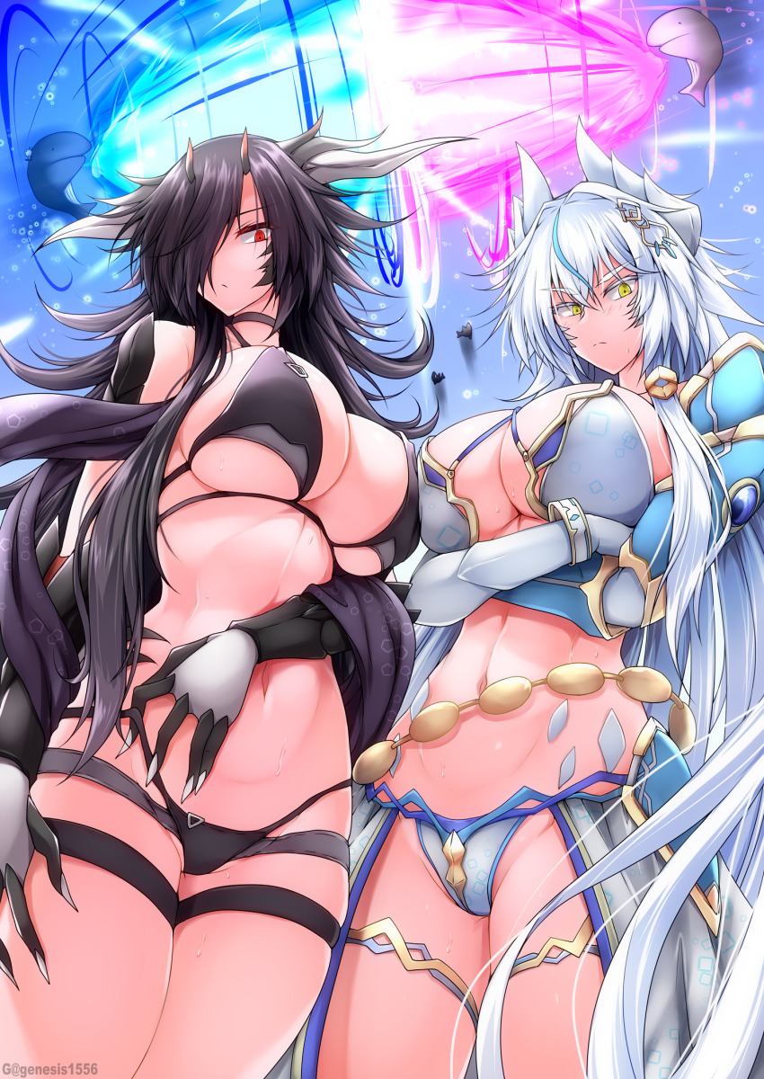 2girls, armor, artist_name, bare_shoulders, battle, bikini, bikini_armor, black_bikini, black_choker, black_hair, black_shawl, blue_hair, blue_sky, breast_press, breasts, choker, claws, cleavage, closed_mouth, collarbone, commentary_request, cowboy_shot, crossed_arms, dragon_girl, dragon_horns, dragon_tail, energy_beam, faulds, g_(genesis1556), gauntlets, groin, hair_between_eyes, hair_intakes, hair_ornament, hair_over_one_eye, hand_on_own_stomach, hand_on_own_thigh, highres, horns, jewelry, large_breasts, layered_bikini, long_hair, looking_at_viewer, lutian_(g_(genesis1556)), mia_(g_(genesis1556)), monster_girl, multicolored_hair, multiple_girls, multiple_horns, navel, original, red_eyes, scales, shawl, shoulder_armor, sidelocks, skindentation, sky, standing, stomach, streaked_hair, sweat, swimsuit, tail, thigh_strap, thighlet, underboob, very_long_hair, waist_cape, whale, white_bikini, white_whale, yellow_eyes