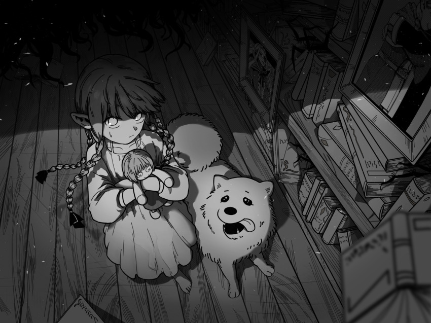1girl, aged_down, arthropod_limbs, bad_id, bad_pixiv_id, barefoot, book, braid, character_doll, death_(entity), dog, doll, dress, dungeon_meshi, elf, falin_touden, falin_touden_(doll), greyscale, highres, laios_touden, laios_touden_(dog), looking_up, marcille_donato, monochrome, nightmare, pointy_ears, portrait_(object), sweatdrop, sy_(isy5100), tentacles, tongue, tongue_out, white_dress, wooden_floor