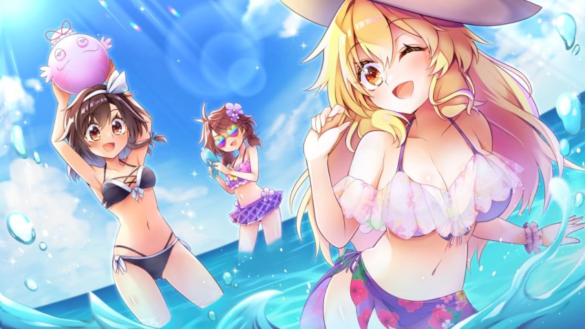 3girls, ;d, bikini, black_bikini, black_headwear, blonde_hair, breasts, brown_eyes