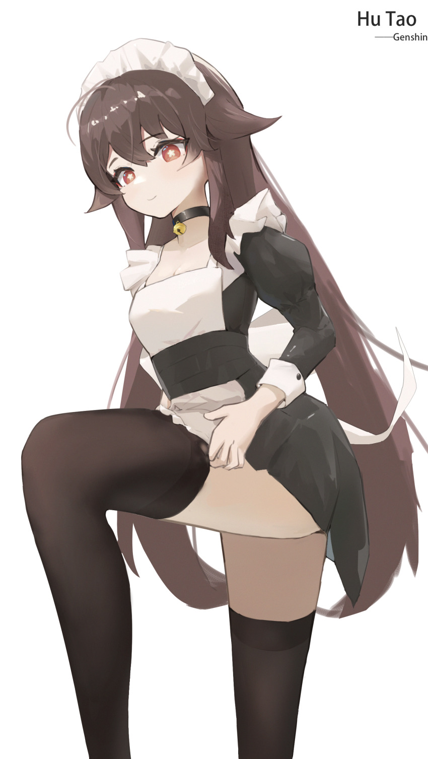 1girl, absurdres, alternate_costume, apron, bell, black_thighhighs, brown_hair, character_name, choker, closed_mouth, dress, genshin_impact, highres, hu_tao_(genshin_impact), jingle_bell, leg_up, long_sleeves, maid, maid_apron, maid_headdress, p1wen, puffy_long_sleeves, puffy_sleeves, red_eyes, simple_background, smile, star_(symbol), thighhighs, thighs, white_background, zettai_ryouiki