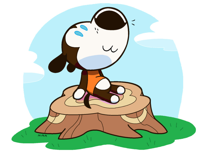 1boy, animal_crossing, blue_sky, dog, grass, hands_on_ground, looking_up, nina_boyce