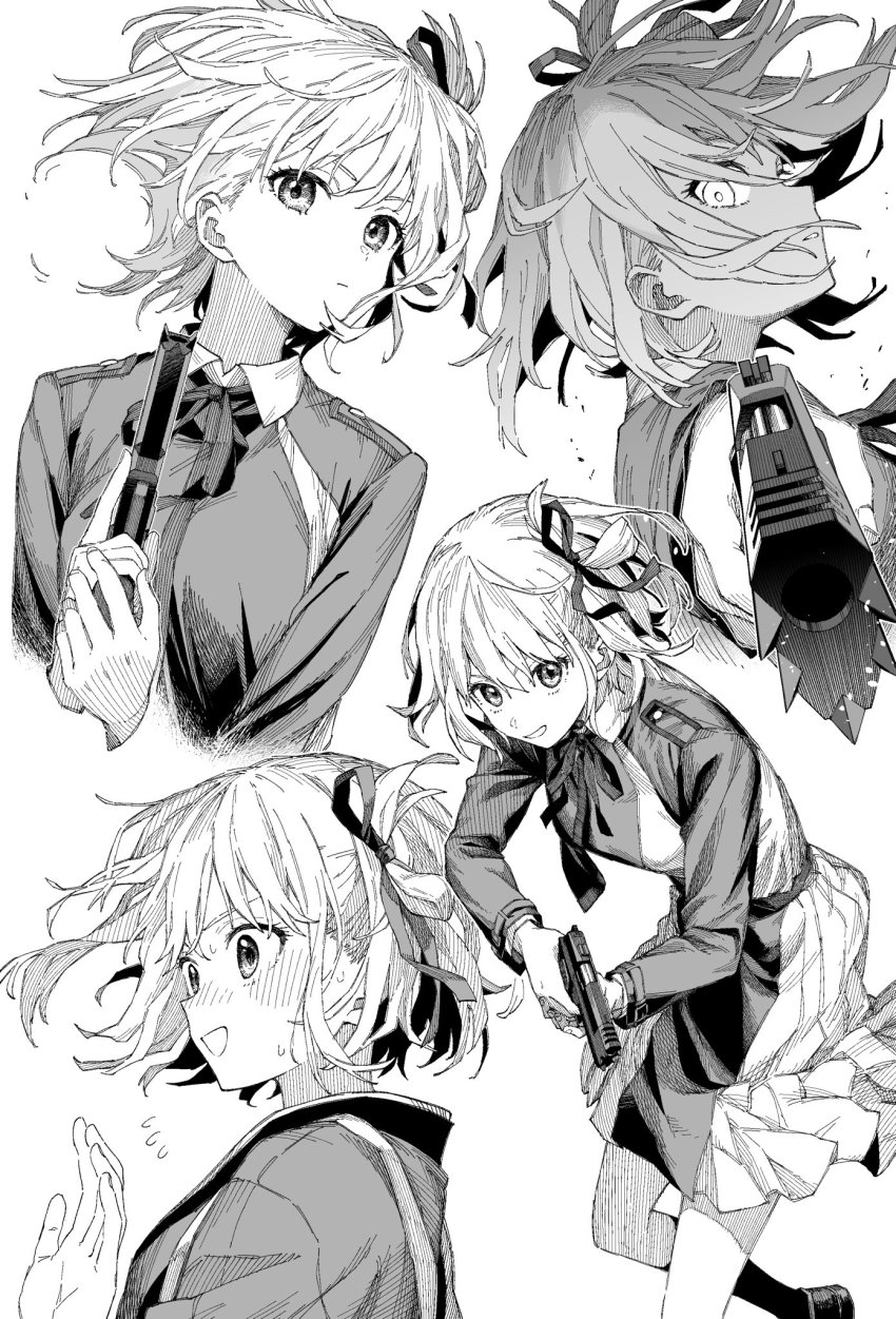 1girl, arisancake, dress, greyscale, gun, hair_ribbon, handgun, highres