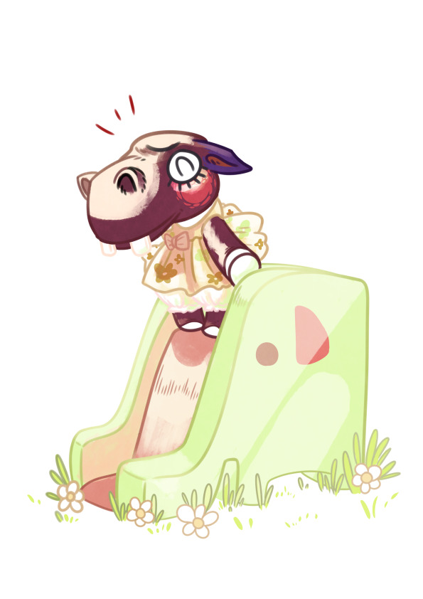 1girl, animal_crossing, closed_eyes, dress, elephant_slide, flower, grass, lulu_(animal_crossing)
