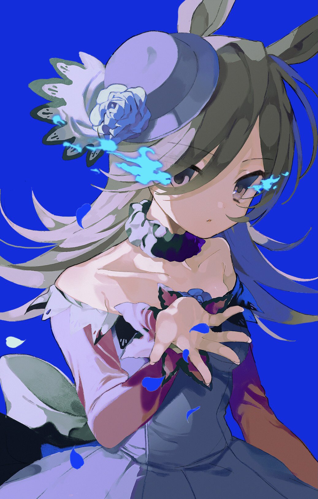 1girl, bad_id, bad_twitter_id, blue_background, blue_dress, blue_flower, blue_hat, blue_rose