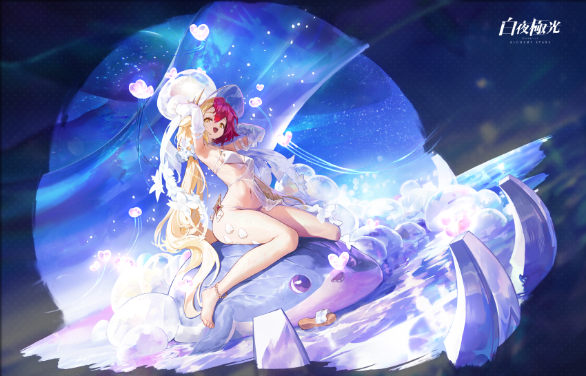 1girl, absurdres, agoto, alchemy_stars, armpits, aurora, ball, bare_shoulders, barefoot, beachball, bikini, blonde_hair, breasts, detached_sleeves, full_body, gronru_(alchemy_stars), gronru_(day_at_the_aquarium)_(alchemy_stars), hair_between_eyes, heart, highres, holding, long_hair, multicolored_hair, navel, official_art, open_mouth, red_hair, shiny_skin, side-tie_bikini_bottom, sitting, sky, slit_pupils, smile, solo, swimsuit, thighs, twintails, two-tone_hair, water, white_bikini, yellow_eyes