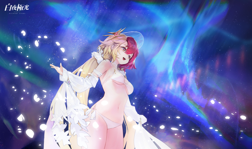 1girl, absurdres, agoto, alchemy_stars, aurora, bare_shoulders, bikini, blonde_hair