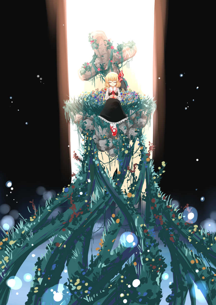 1girl, absurdres, apple, ascot, black_dress, blonde_hair, blue_flower, blush