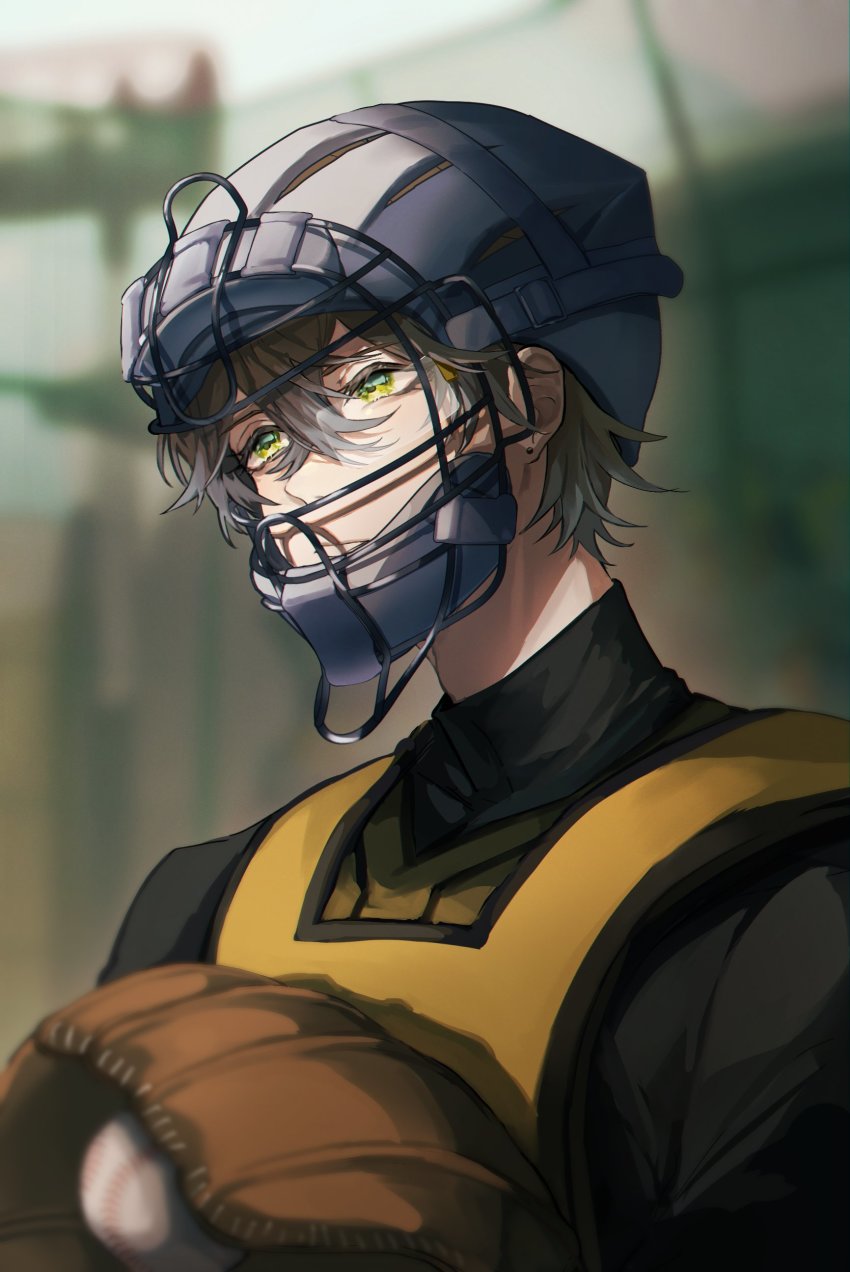 1boy, absurdres, baseball_catchers_mask, baseball_glove, bishounen, black_shirt, brown_hair, chinese_commentary, from_side, green_eyes, hair_behind_ear, hair_between_eyes, highres, ike_eveland, leiteu, male_focus, nijisanji, nijisanji_en, portrait, shirt, short_hair, solo, vest, virtual_youtuber, yellow_vest