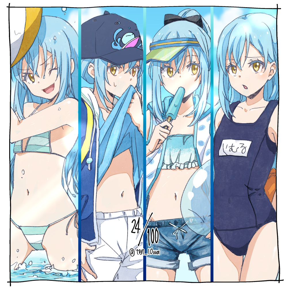 1other, aqua_bikini, aqua_shirt, artist_name, baseball_cap, beach, beachball, bikini, black_bow, blue_hair, blue_jacket, blue_one-piece_swimsuit, blue_sky, bow, clothes_lift, cloud, collarbone, covered_navel, cowboy_shot, denim, denim_shorts, dot_nose, eating, eyelashes, flat_chest, food, food_in_mouth, happy, hat, high_ponytail, hood, hooded_jacket, jacket, lifting_own_clothes, long_hair, midriff, multiple_views, name_tag, navel, old_school_swimsuit, one-piece_swimsuit, one_eye_closed, open_clothes, open_jacket, pants, partially_submerged, polka_dot, ponytail, popsicle, popsicle_in_mouth, popsicle_stick, rimuru_tempest, rimuru_tempest_(slime), school_swimsuit, shirt, shirt_lift, shorts, side-tie_bikini_bottom, sky, slime_(creature), string_bikini, sweatdrop, swimsuit, ten_10wa, tensei_shitara_slime_datta_ken, thighs, water, white_pants, yellow_eyes