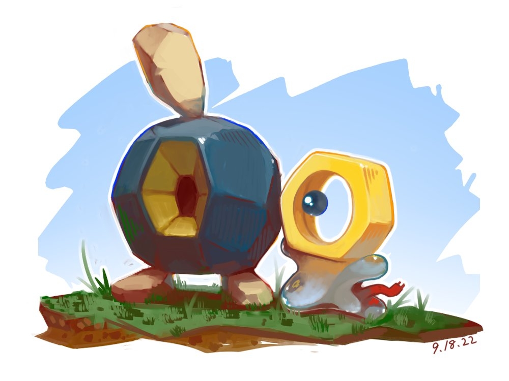 black_eyes, blue_background, border, commentary_request, dated, gen_5_pokemon, gen_7_pokemon, grass, meltan, mythical_pokemon, nintendo, no_humans, nut_(hardware), pokemon, pokemon_(creature), roggenrola, shiryu0308, soil, standing, white_border