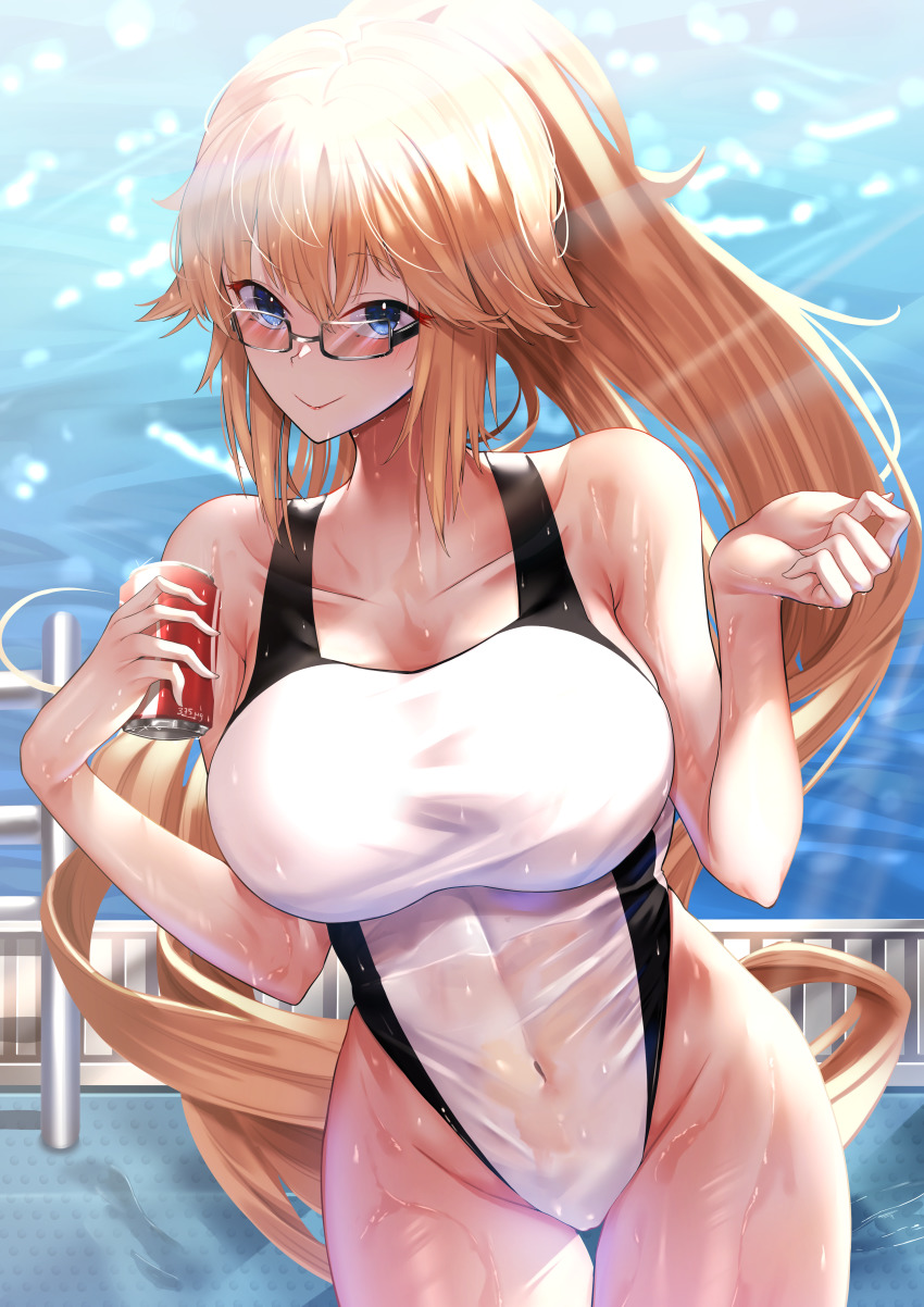 1girl, absurdres, black-framed_eyewear, blonde_hair, blue_eyes, breasts, can, competition_swimsuit