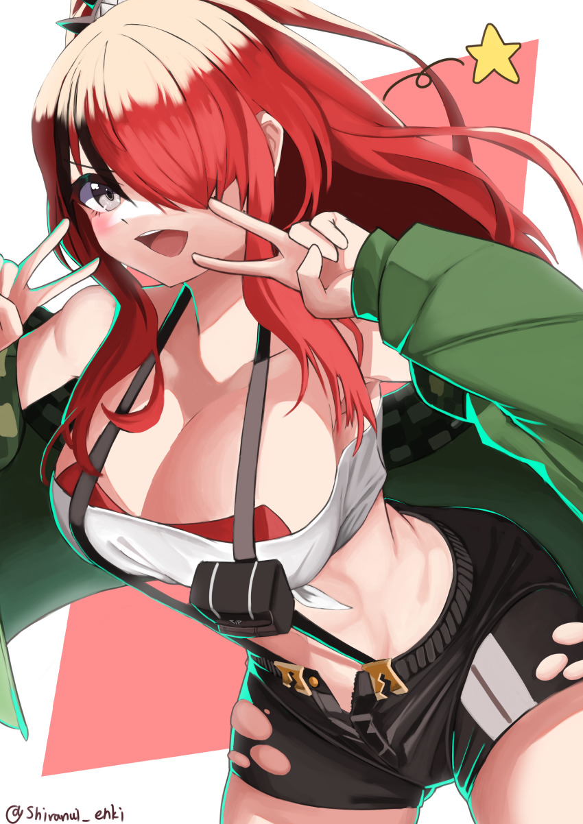 1girl, :d, absurdres, bandeau, bare_shoulders, black_hair, black_shorts, breasts