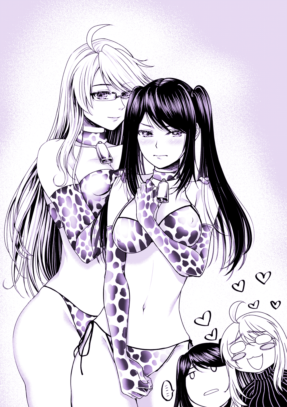 2girls, ahoge, alma_armas, an'no_natsume, animal_print, bell, bikini, blush_stickers, breasts, cow_print, cowbell, elbow_gloves, glasses, gloves, greyscale, heart, highres, jill_stingray, medium_breasts, monochrome, multiple_girls, neck_bell, ribbed_sweater, side-tie_bikini_bottom, sidelocks, small_breasts, sweater, swimsuit, turtleneck, turtleneck_sweater, twintails, va-11_hall-a