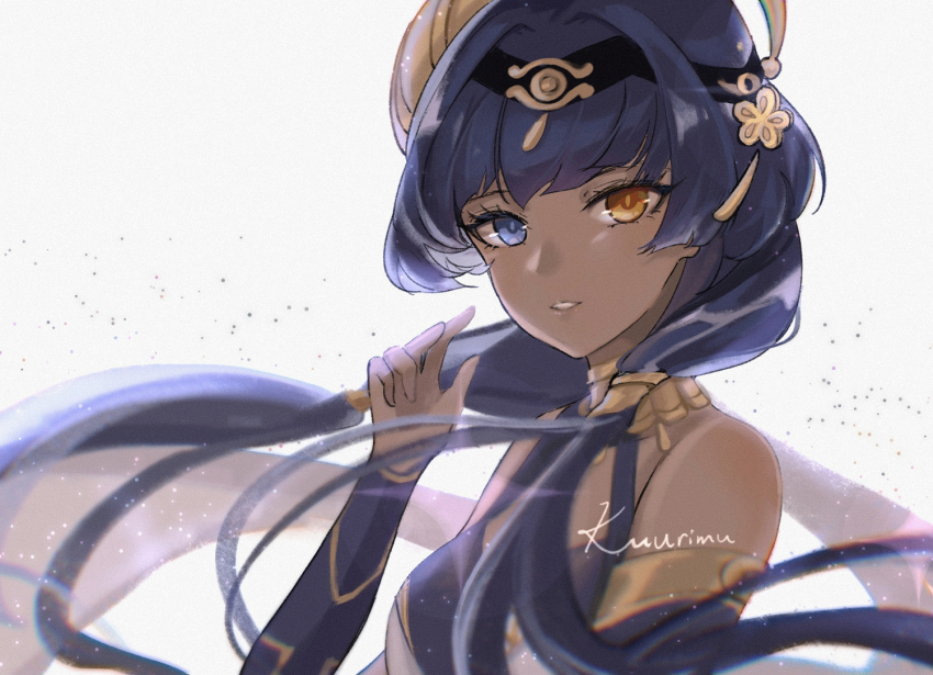 1girl, bare_shoulders, blue_eyes, blue_hair, candace_(genshin_impact), commentary, genshin_impact, grey_background