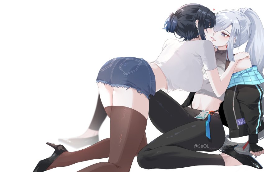 2girls, absurdres, alternate_costume, alternate_hairstyle, arm_support, ass, black_footwear, black_gloves, black_jacket, black_leggings, blue_hair, blue_shorts, breasts, brown_thighhighs, crop_top, cutoffs, dark_blue_hair, diagonal_bangs, earrings, face-to-face, feet, fingerless_gloves, genshin_impact, gloves, grey_eyes, hair_over_one_eye, hair_up, hand_on_another's_shoulder, heart, high_heels, highres, incoming_kiss, jacket, jewelry, large_breasts, leggings, long_hair, long_sleeves, looking_at_another, midriff, multiple_girls, navel, off_shoulder, open_clothes, open_jacket, panty_straps, parted_lips, ponytail, seol_(baconontheclock), shenhe_(genshin_impact), shirt, short_sleeves, shorts, sidelocks, simple_background, sitting, stomach, swept_bangs, thighhighs, thighs, twitter_username, white_background, white_hair, white_shirt, yelan_(genshin_impact), yuri