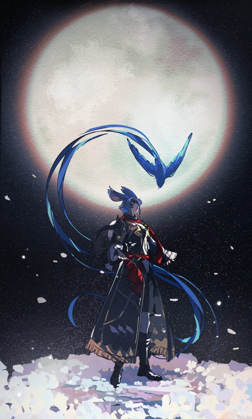 1girl, alternate_form, animal_ears, warrior_of_light_(ff14), bird, blue_hair, boots, final_fantasy