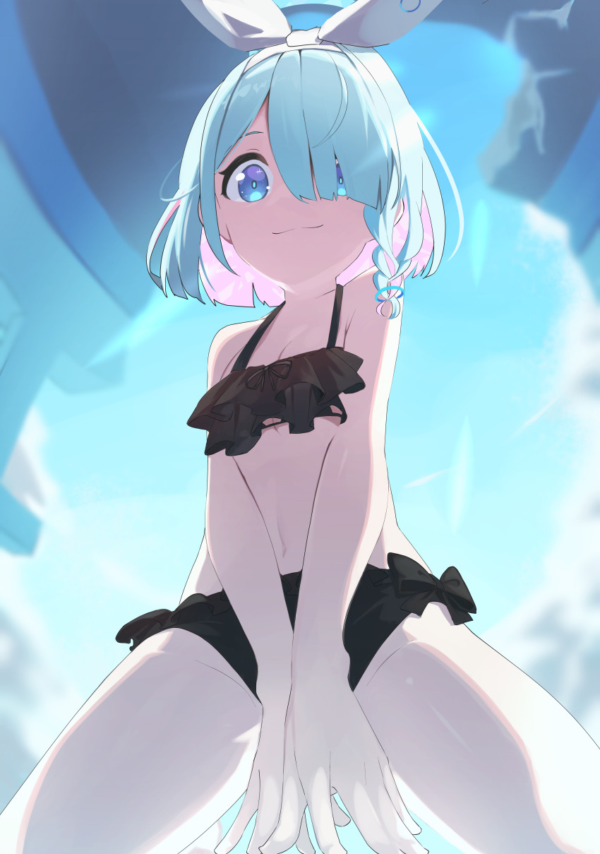 1girl, absurdres, aqua_eyes, aqua_hair, arona_(blue_archive), bare_shoulders, bikini, black_bikini, blue_archive, blue_hair, bow_hairband, braid, closed_mouth, collarbone, cowboy_shot, frilled_bikini, frills, from_below, hair_over_one_eye, hairband, halo, highres, looking_at_viewer, multicolored_hair, n_sol, navel, pink_hair, shirt, short_hair, side_braid, smile, solo, swimsuit, thighs, two-tone_hair, white_hairband, white_shirt