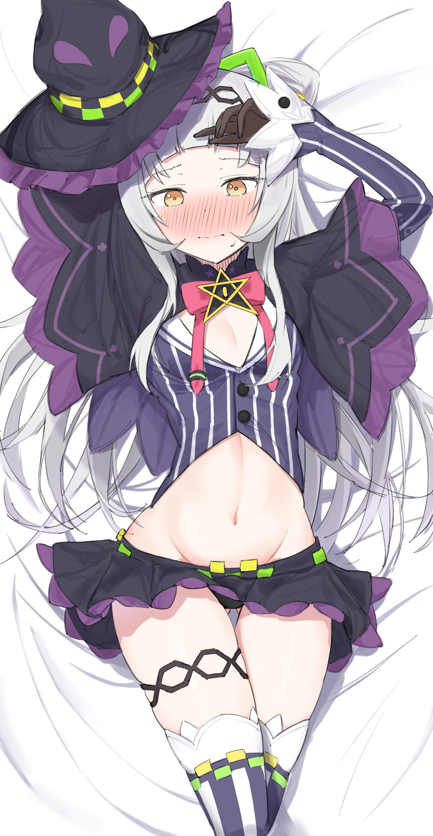 1girl, a_holo_illust, arms_up, bed_sheet, black_panties, black_skirt, blunt_bangs, blush, bow, bowtie, breasts, capelet, cleavage, commentary_request, crop_top, embarrassed, feet_out_of_frame, frilled_skirt, frills, from_above, grey_hair, hairband, highres, hololive, long_sleeves, looking_at_viewer, lying, microskirt, midriff, murasaki_shion, murasaki_shion_(1st_costume), navel, on_back, orange_eyes, panties, pink_bow, pink_bowtie, purple_shirt, shirt, skirt, small_breasts, solo, striped_clothes, striped_shirt, sweatdrop, thigh_strap, thighhighs, thighs, tilted_headwear, underwear, vertical_stripes, virtual_youtuber