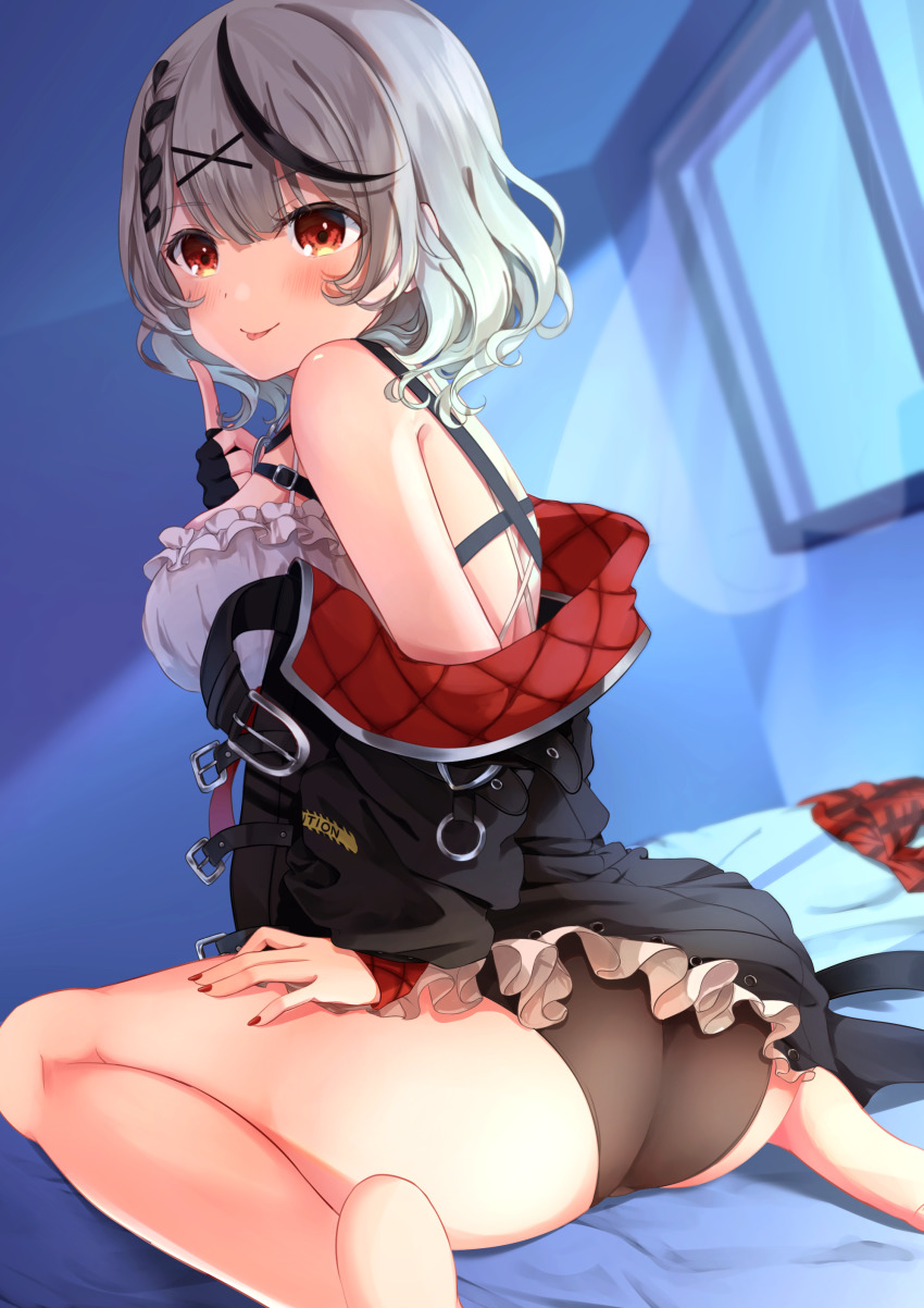 1girl, :p, absurdres, ass, bad_feet, barefoot, black_hair, black_jacket