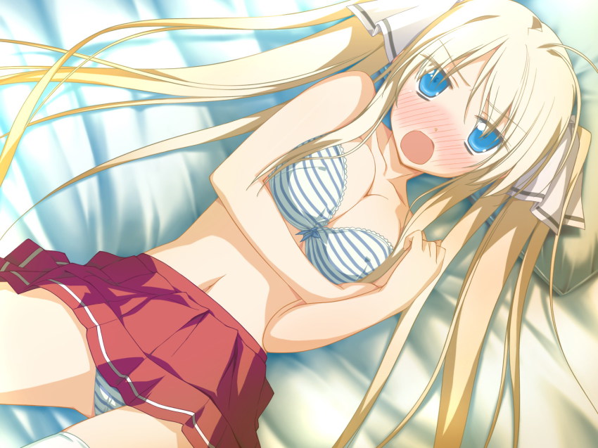 1girl, angry, aqua_eyes, bed, blonde_hair, blue_bow, blush, bow