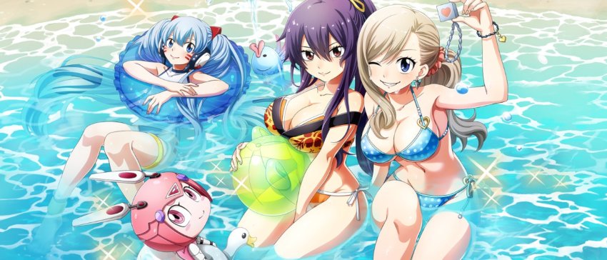 4girls, beach, bikini, blonde_hair, blue_bikini, blue_eyes, blue_hair, breasts