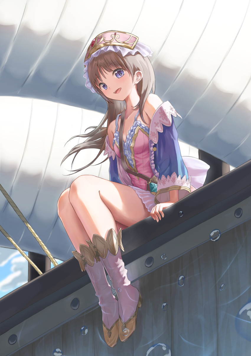 1girl, :d, absurdres, atelier_(series), atelier_totori, atyao-299, blue_eyes, blue_sleeves, brown_hair, floating_hair, from_below, full_body, highres, long_hair, long_sleeves, miniskirt, open_mouth, pink_shirt, pleated_skirt, shirt, sitting, skirt, sleeveless, sleeveless_shirt, smile, solo, totooria_helmold, white_skirt