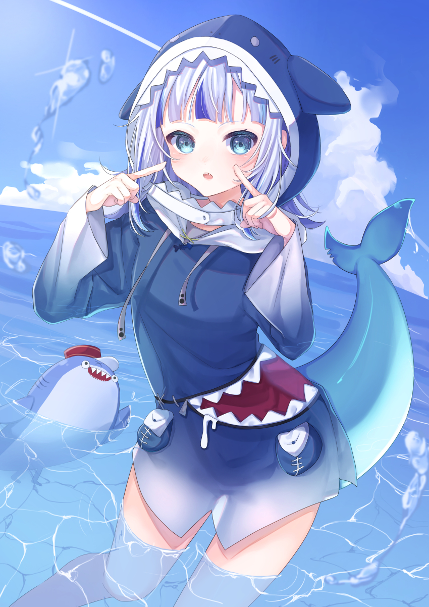 1girl, absurdres, animal_hood, bloop_(gawr_gura), blue_eyes, blue_hair, blue_hood, blue_sky, blush, breasts, cloud, commentary, english_commentary, fins, fish_tail, gawr_gura, highres, hololive, hololive_english, hood, hood_up, looking_at_viewer, medium_hair, miteinano_(mitei_nano28), multicolored_hair, open_mouth, shark_girl, shark_hood, shark_tail, sharp_teeth, sky, small_breasts, streaked_hair, tail, teeth, virtual_youtuber, wading, water, white_hair