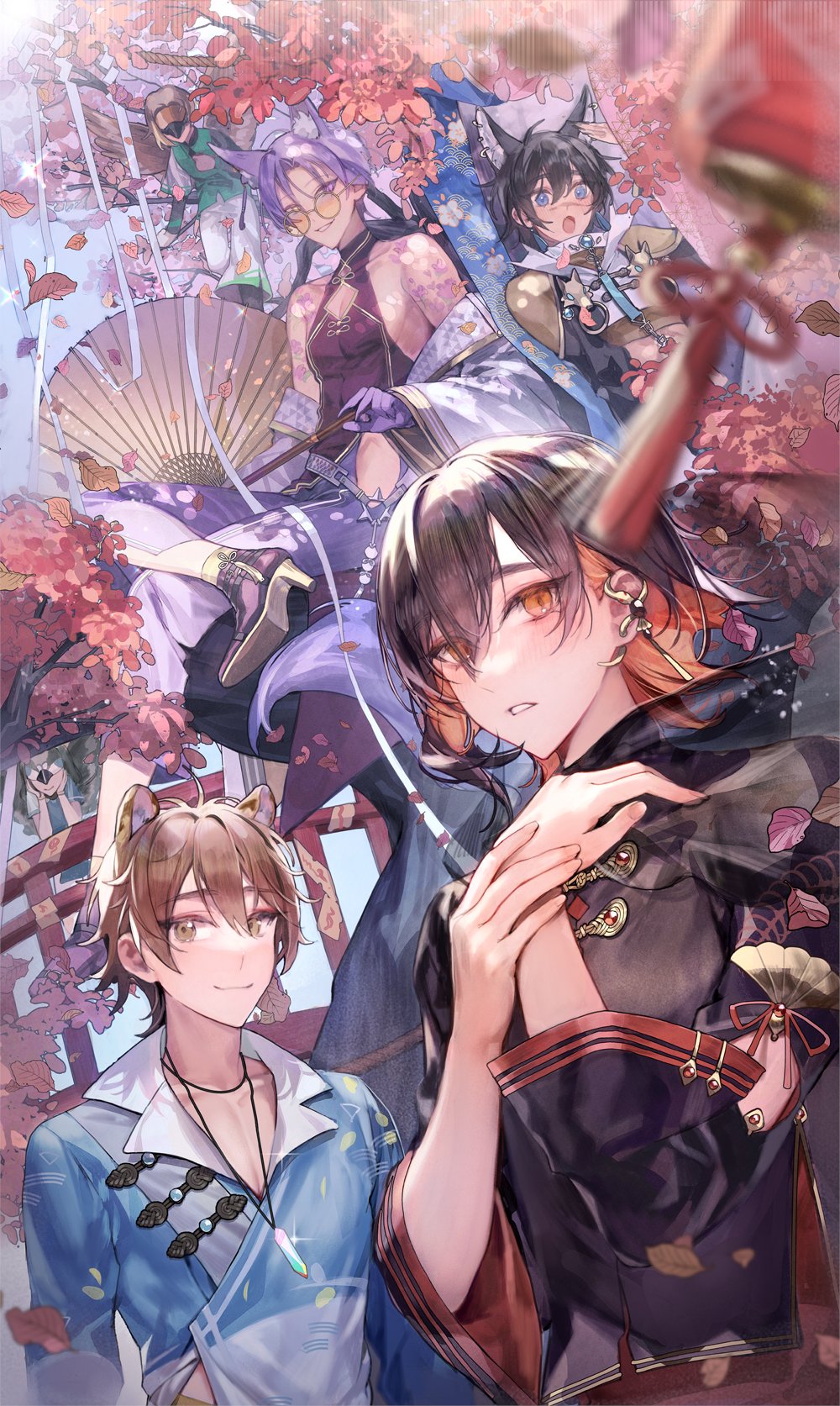 5boys, animal_ears, bare_shoulders, black_hair, blue_hair, brown_hair, cherry_blossoms, colored_inner_hair