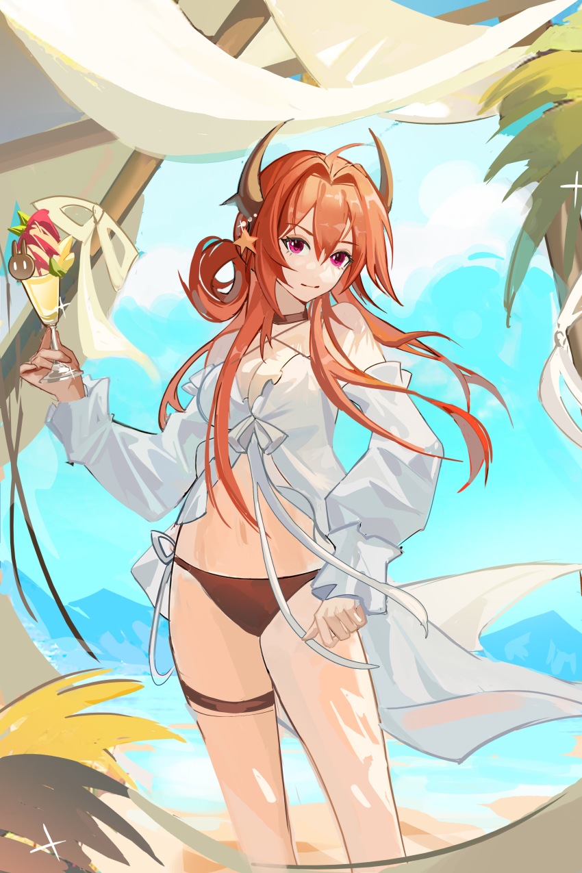 1girl, absurdres, ahoge, arknights, bikini, bikini_under_clothes, black_bikini, black_choker