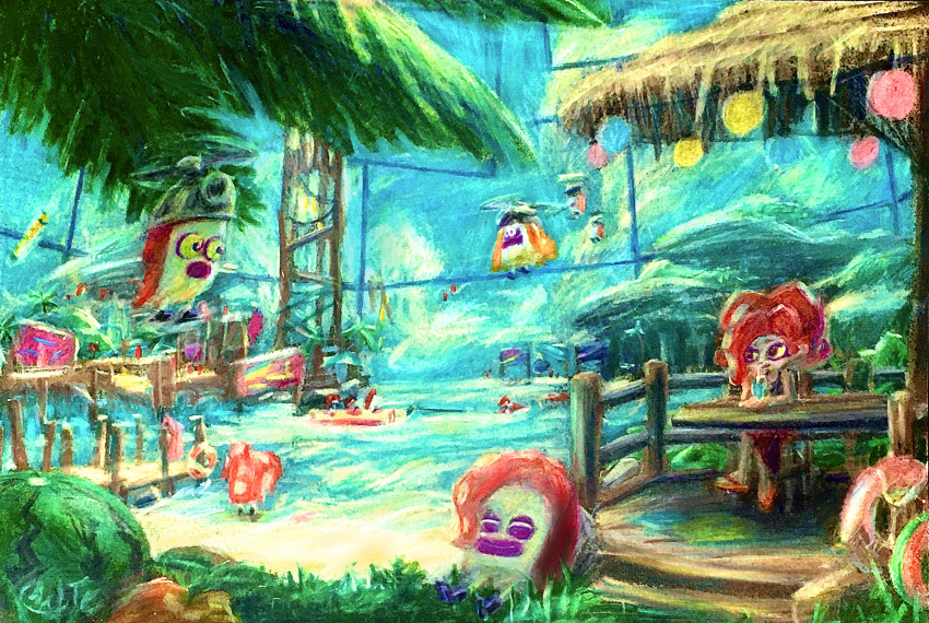 1girl, ^_^, absurdres, beach, bendy_straw, big_hair, black_tank_top, bobthecolored