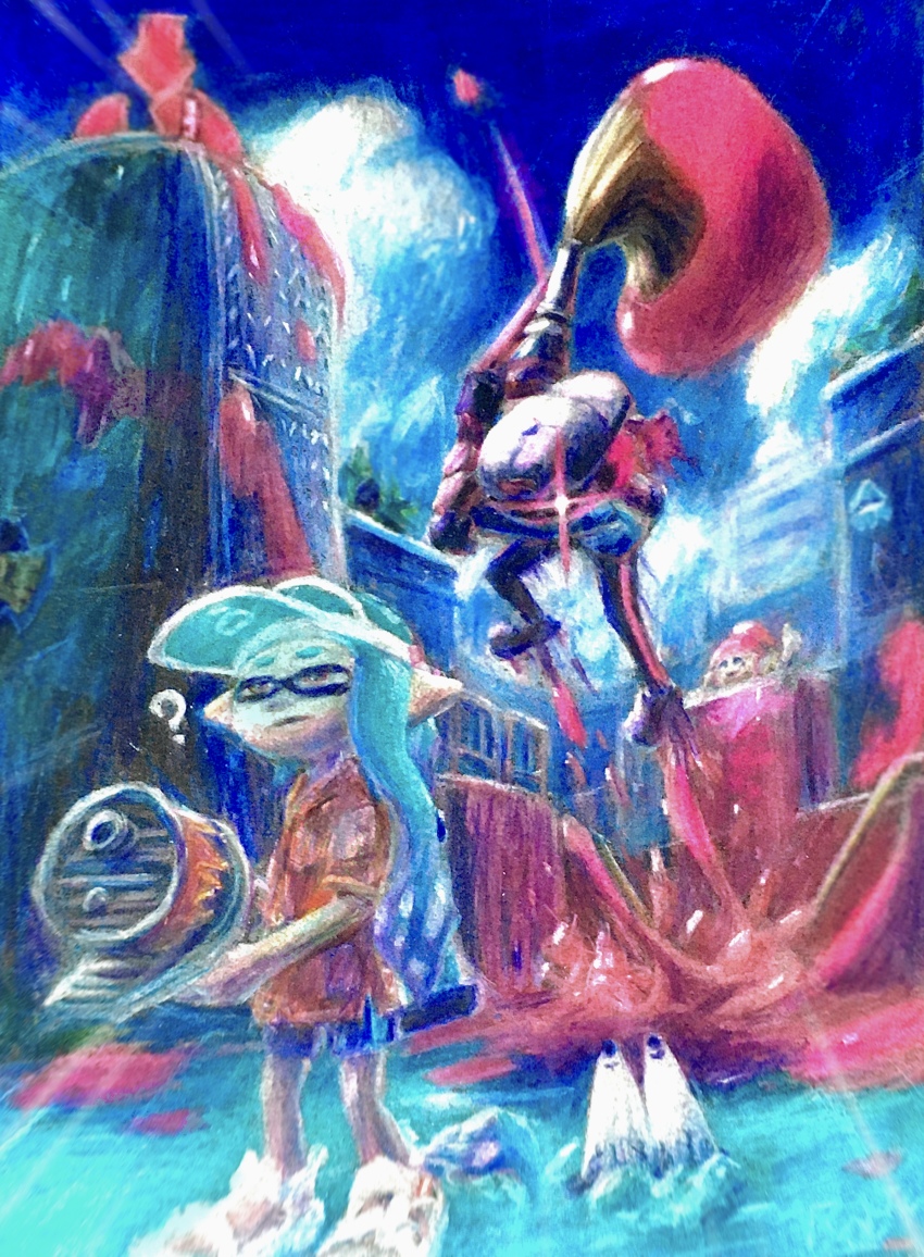 1boy, 2girls, ?, absurdres, backwards_hat, baseball_cap, black_shorts, blackbelly_skatepark