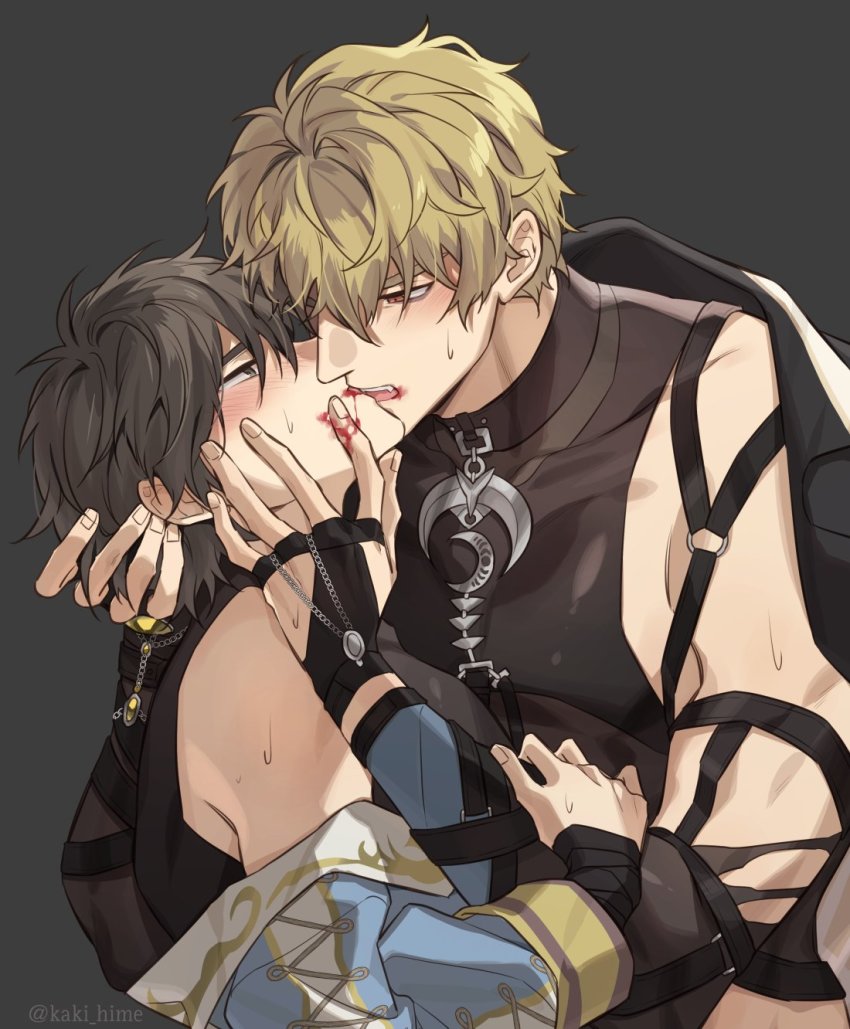 2boys, bags_under_eyes, black_gloves, blonde_hair, blood, blood_from_mouth, brown_eyes, brown_hair