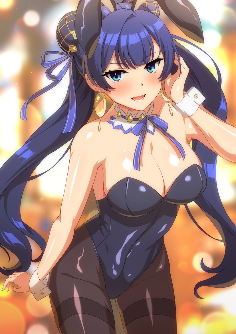 1girl, animal_ears, aqua_eyes, bellona_(epic_seven), blue_hair, blue_ribbon, blurry, blurry_background