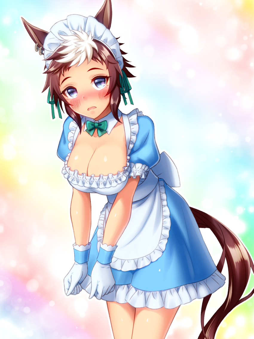 1girl, alternate_costume, animal_ears, apron, back_bow, blue_dress, blush, bow, breasts, cleavage, detached_collar, dress, earrings, enmaided, frilled_dress, frilled_skirt, frills, gloves, green_bow, grey_eyes, highres, horse_ears, horse_girl, horse_tail, jewelry, large_breasts, looking_at_viewer, maid, maid_apron, maid_headdress, mejiro_ryan_(umamusume), multicolored_background, multicolored_hair, open_mouth, skirt, solo, streaked_hair, sugimotty_nova, tail, umamusume, white_gloves