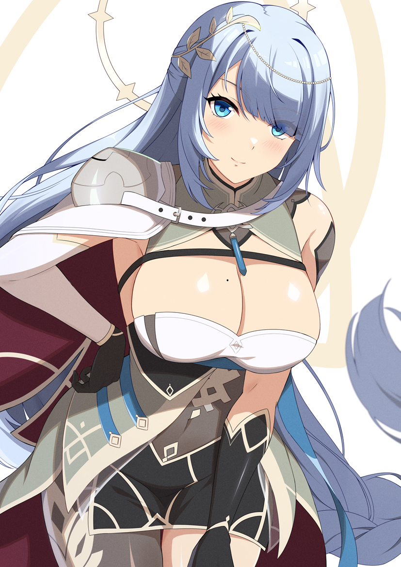 1girl, armor, belt, black_gloves, blue_eyes, blue_hair, breasts, closed_mouth