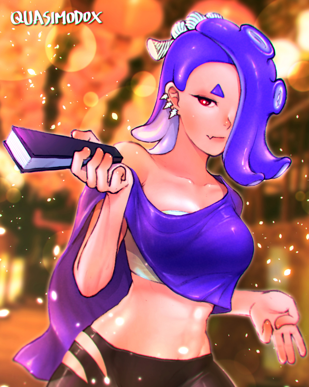 1girl, assertive_female, asymmetrical_clothes, blurry, blurry_background, breasts, chest_sarashi, clothing_cutout