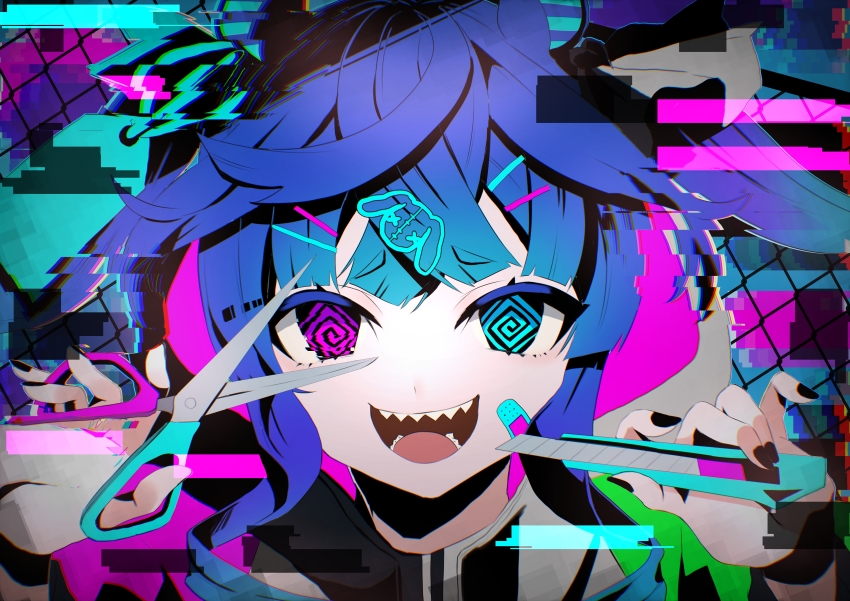 1girl, @_@, absurdres, animal_ears, black_nails, blue_eyes, blue_hair, boxcutter, bug_(vocaloid), chain-link_fence, crossed_bangs, fence, glitch, hair_ornament, hairclip, hands_up, heterochromia, highres, holding, holding_scissors, hood, hoodie, horse_ears, horse_girl, long_hair, looking_at_viewer, nail_polish, open_mouth, purple_eyes, scissors, sharp_teeth, smile, solo, teeth, toa510, twin_turbo_(umamusume), twintails, umamusume, vocaloid
