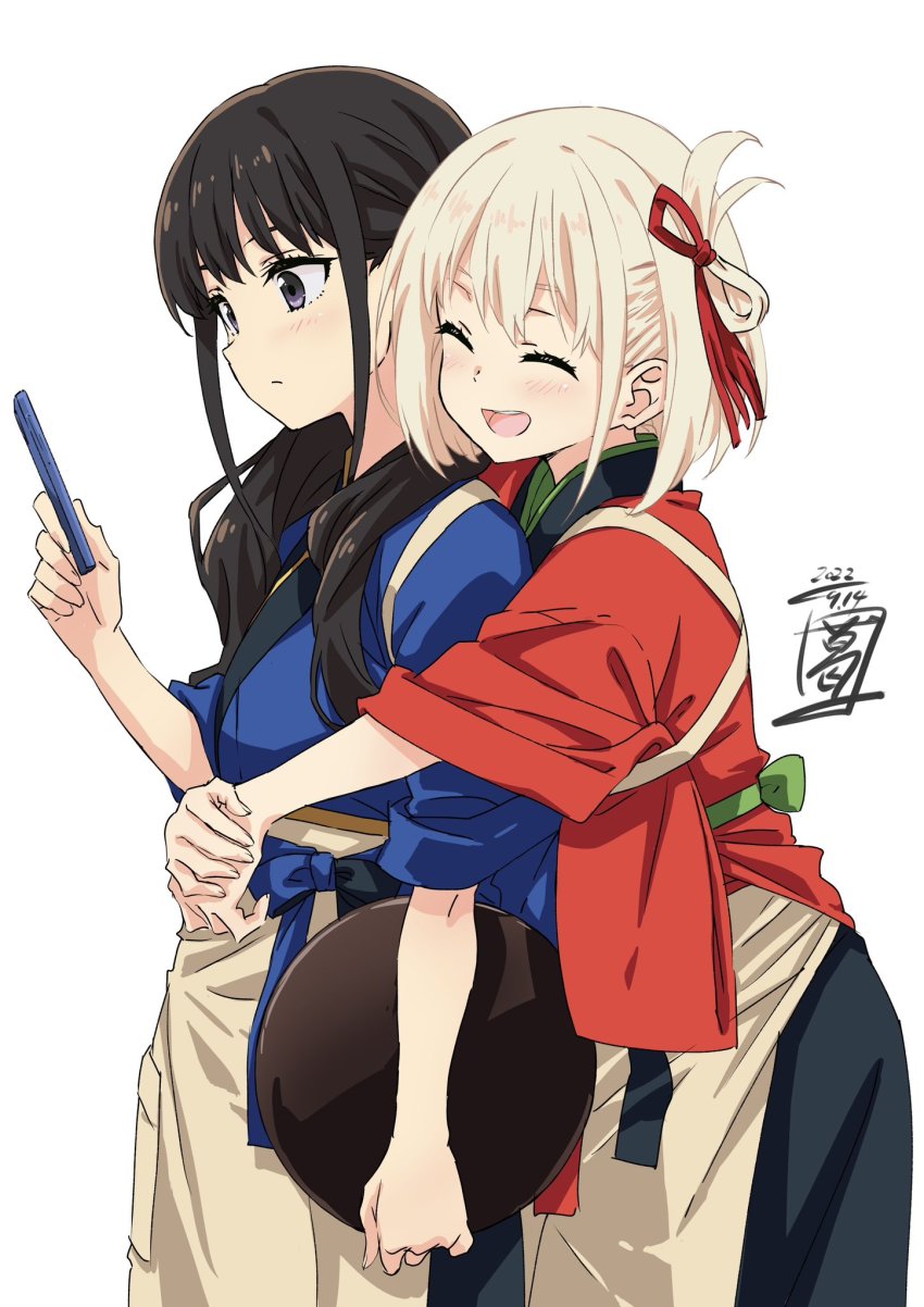 2girls, :d, ^_^, black_hair, blonde_hair, blue_kimono, blush, cellphone