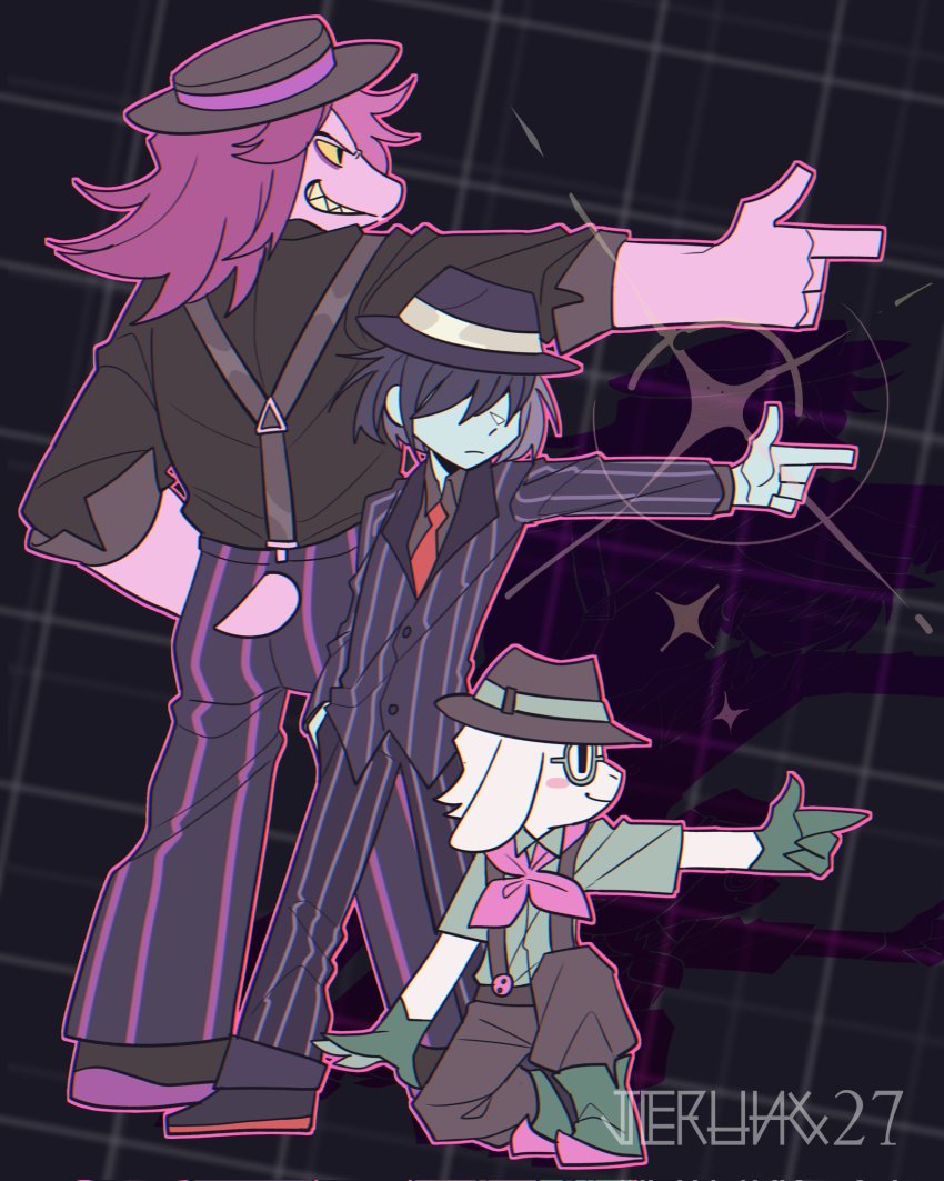 1boy, 1girl, 1other, back, blue_skin, colored_skin, deltarune, formal_clothes, furry, furry_female, furry_male, glass, gloves, goat_boy, hair_over_eyes, hat, highres, jerung27, kneeling, kris_(dark_world)_(deltarune), kris_(deltarune), kris_(gangster)_(deltarune), necktie, official_alternate_costume, pointing, purple_hair, purple_skin, ralsei, ralsei_(gangster), red_necktie, round_eyewear, smile, standing, striped, suit, susie_(dark_world)_(deltarune), susie_(deltarune), susie_(gangster)_(deltarune), suspenders, trilby, utdr_(toby_fox), vertical_stripes